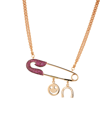 Колье Jacob&Co ROSE GOLD RUBY SAFETY PIN NECKLACE WITH CHARMS